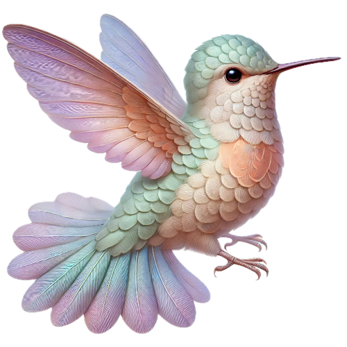 A colorful hummingbird with a long beak is flying on a white background