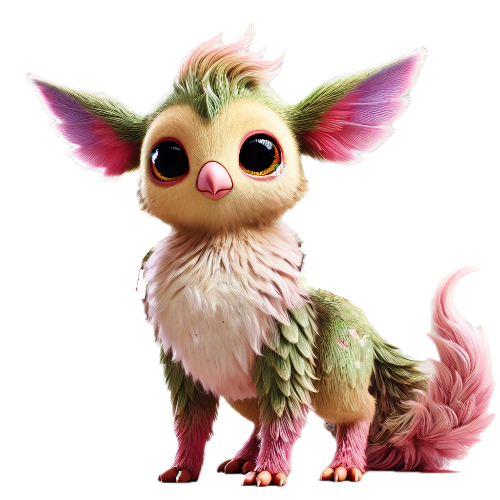 A small creature with a pink tail and ears is sitting on a white background.