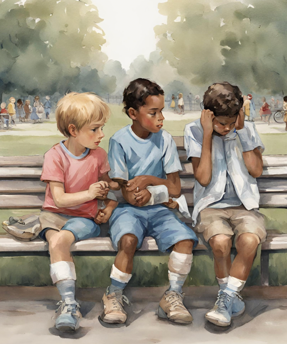 A painting of three children sitting on a park bench