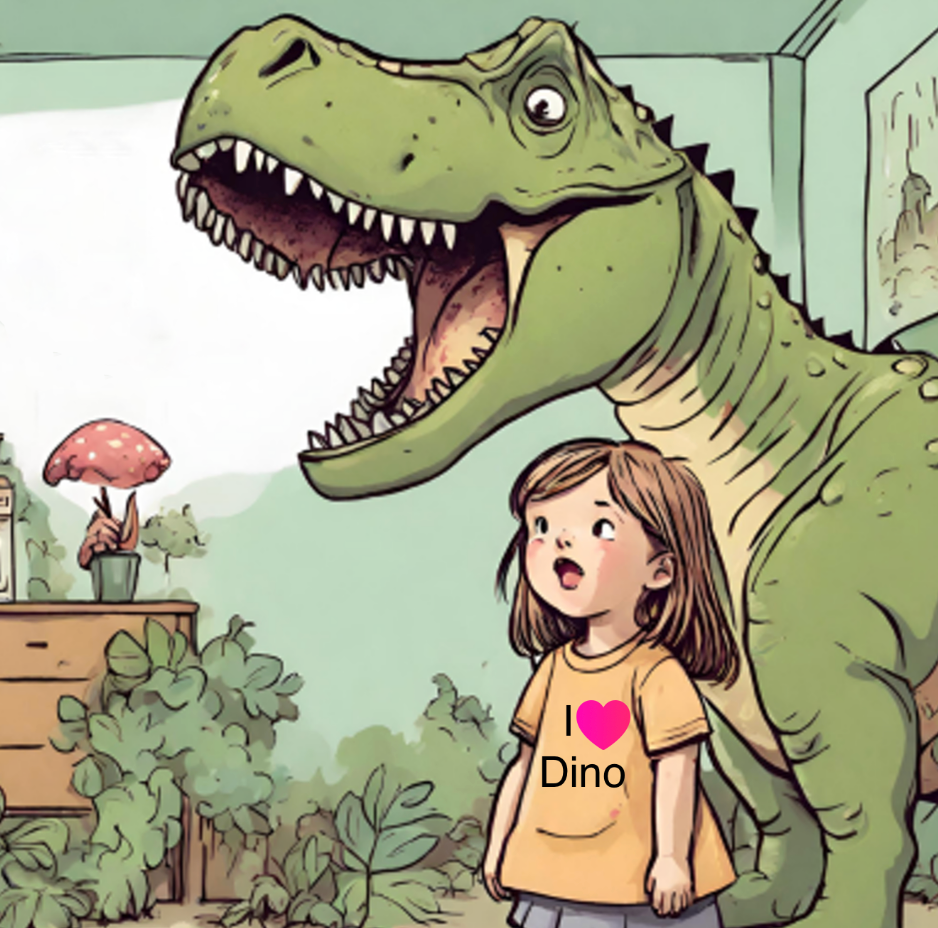 A girl in a yellow shirt that says i love dino stands next to a dinosaur