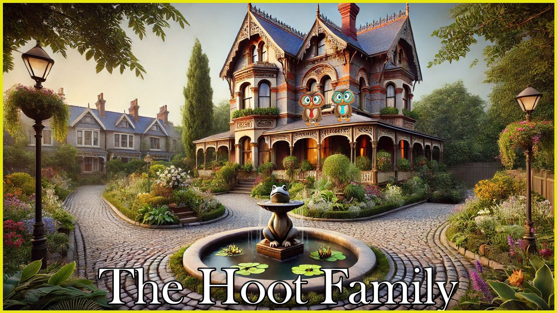 A large house with a fountain in front of it is called the hoot family