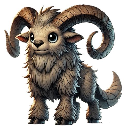 A goat with long horns and a long tail is standing on a white background.