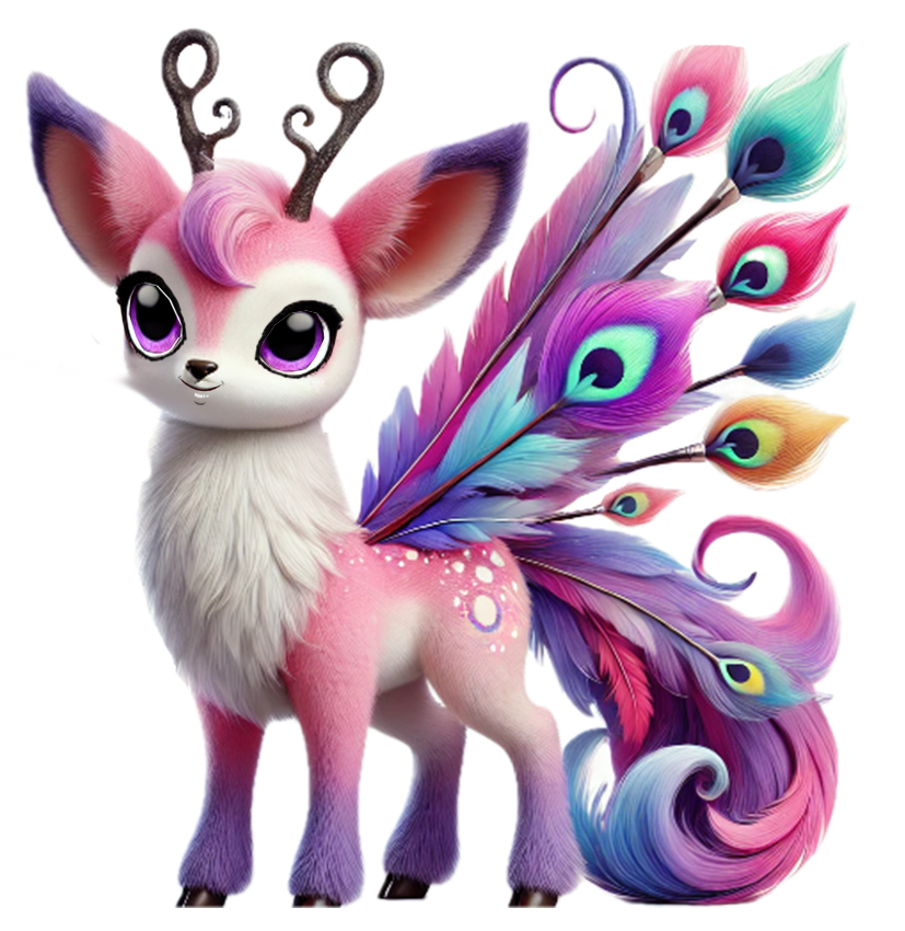 A pink and purple deer with peacock feathers on its tail