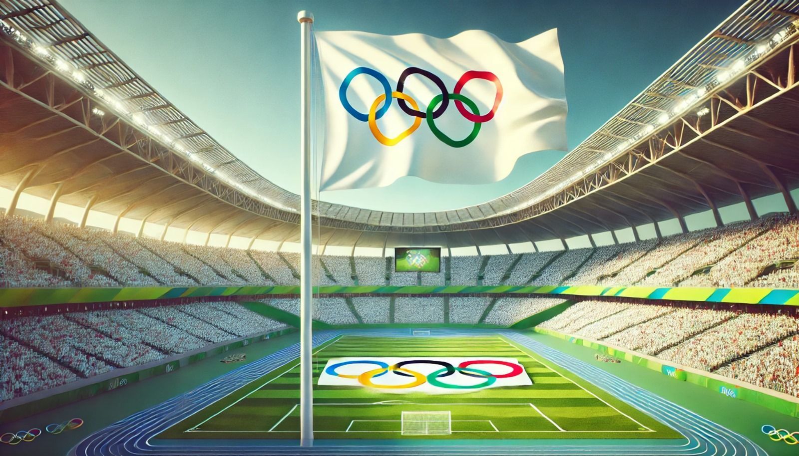 A flag with the olympic rings on it is flying in a stadium.