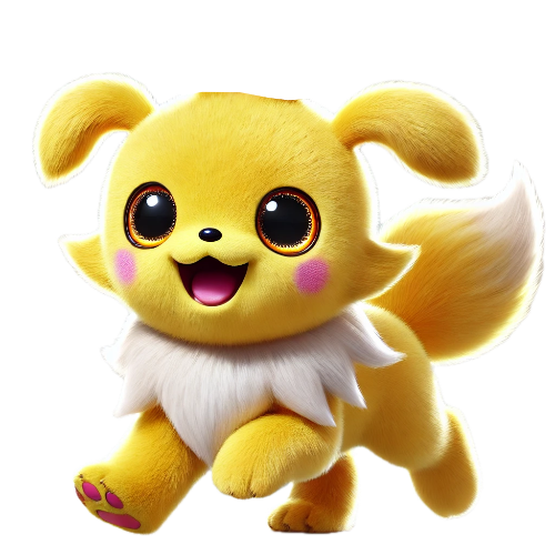 A yellow stuffed animal with big eyes is running on a white background