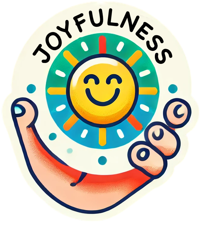 A sticker with a hand holding a smiling sun and the words joyfulness.