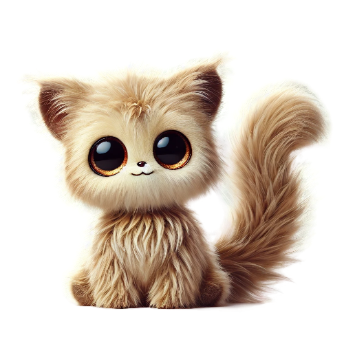 A fluffy cat with big eyes and a long tail is sitting on a white background.