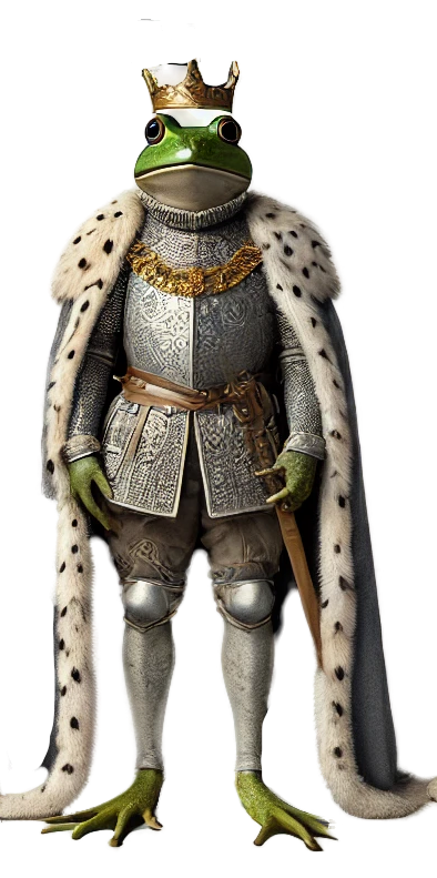 A frog in armor and a crown is standing on a white background.