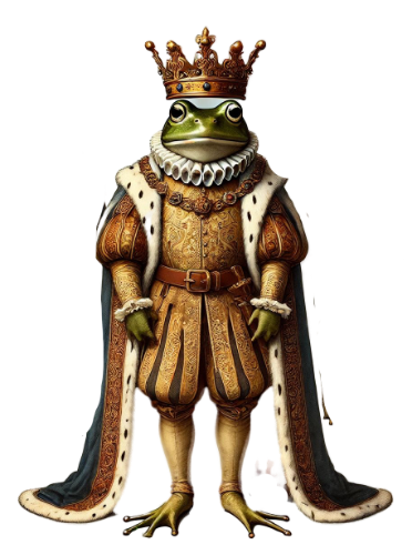 A frog is wearing a crown and a robe.