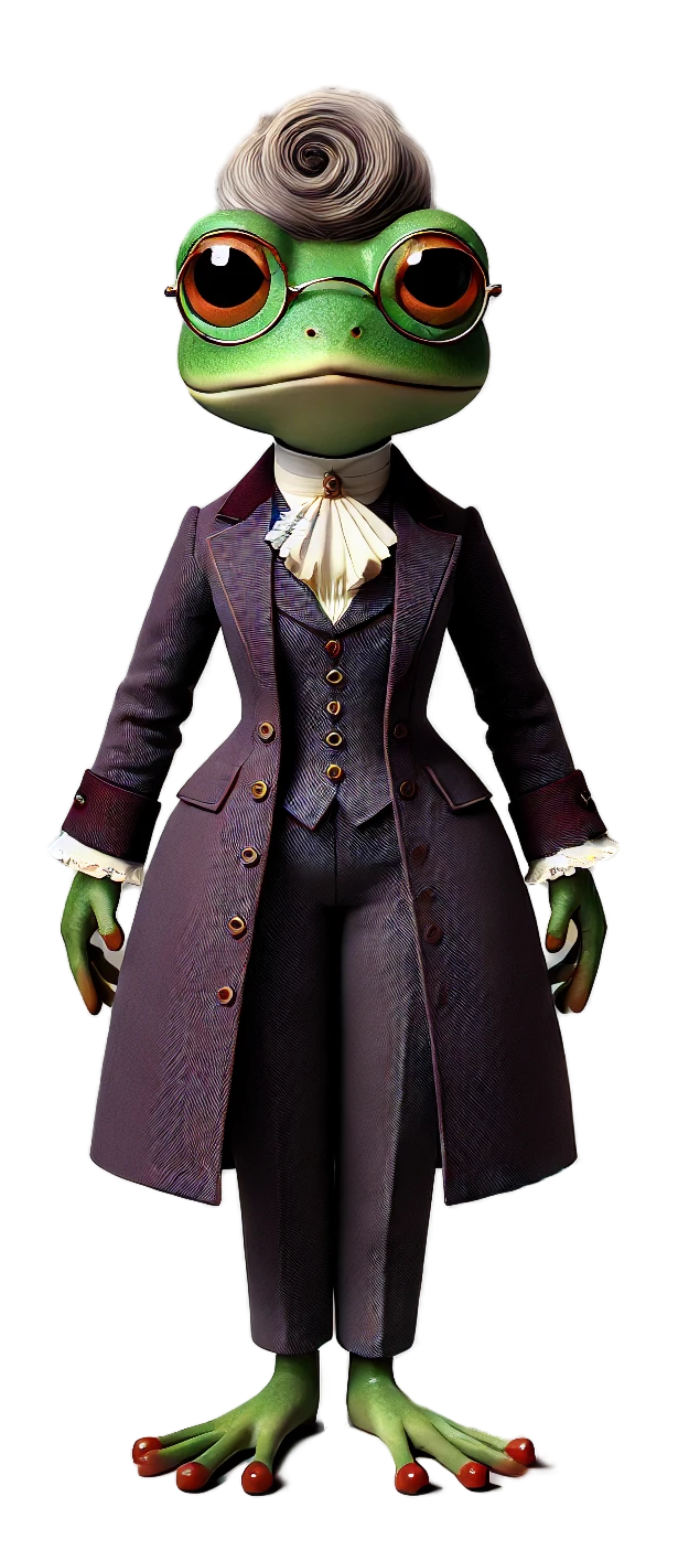 A frog wearing a suit and a hat is standing on a white background.