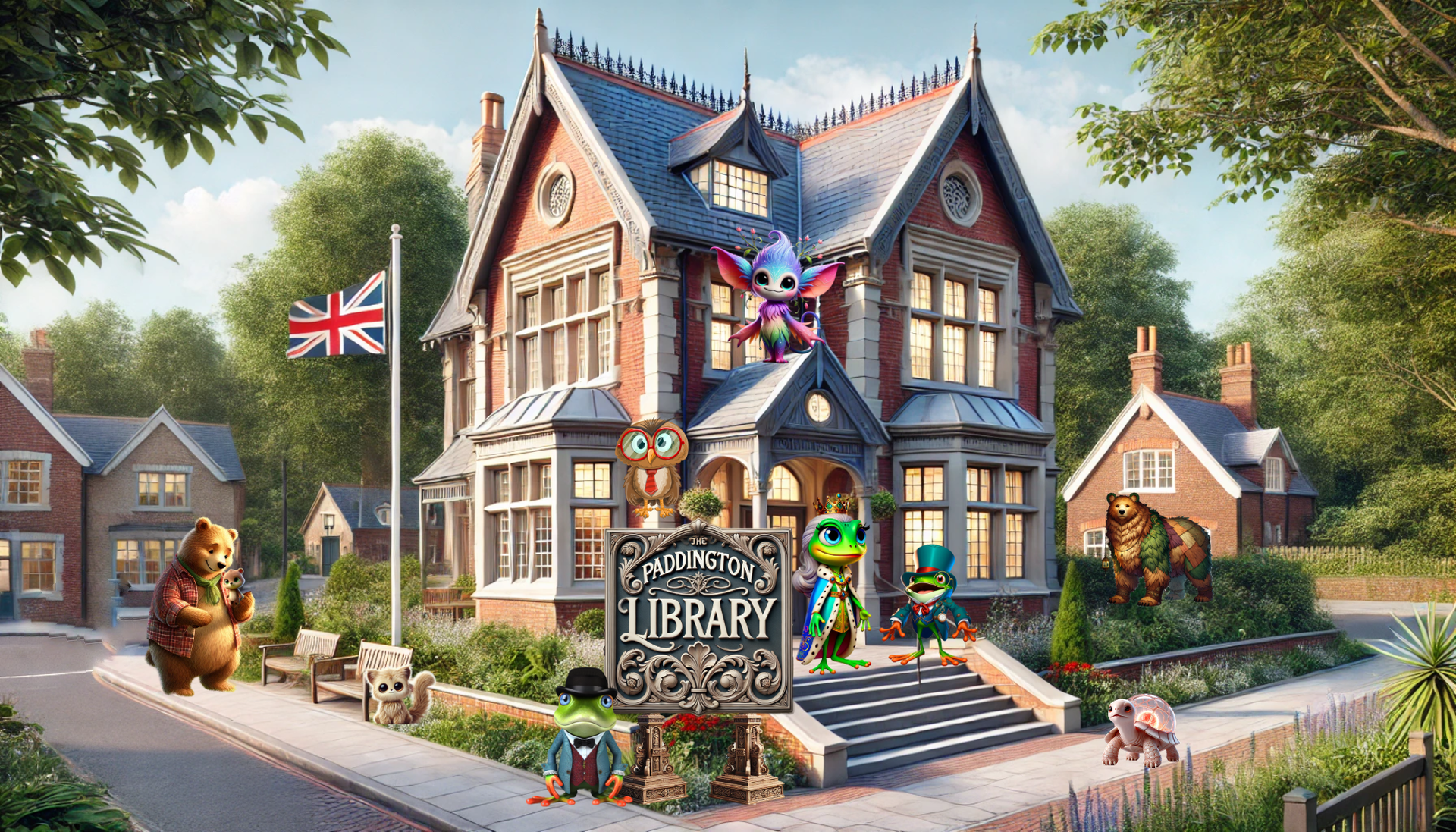 A large house with a sign that says library on it.