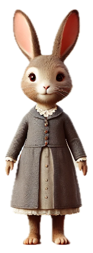A cartoon rabbit is wearing a gray coat and a dress.