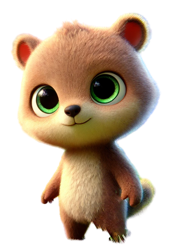 A brown teddy bear with green eyes is standing on a white background.