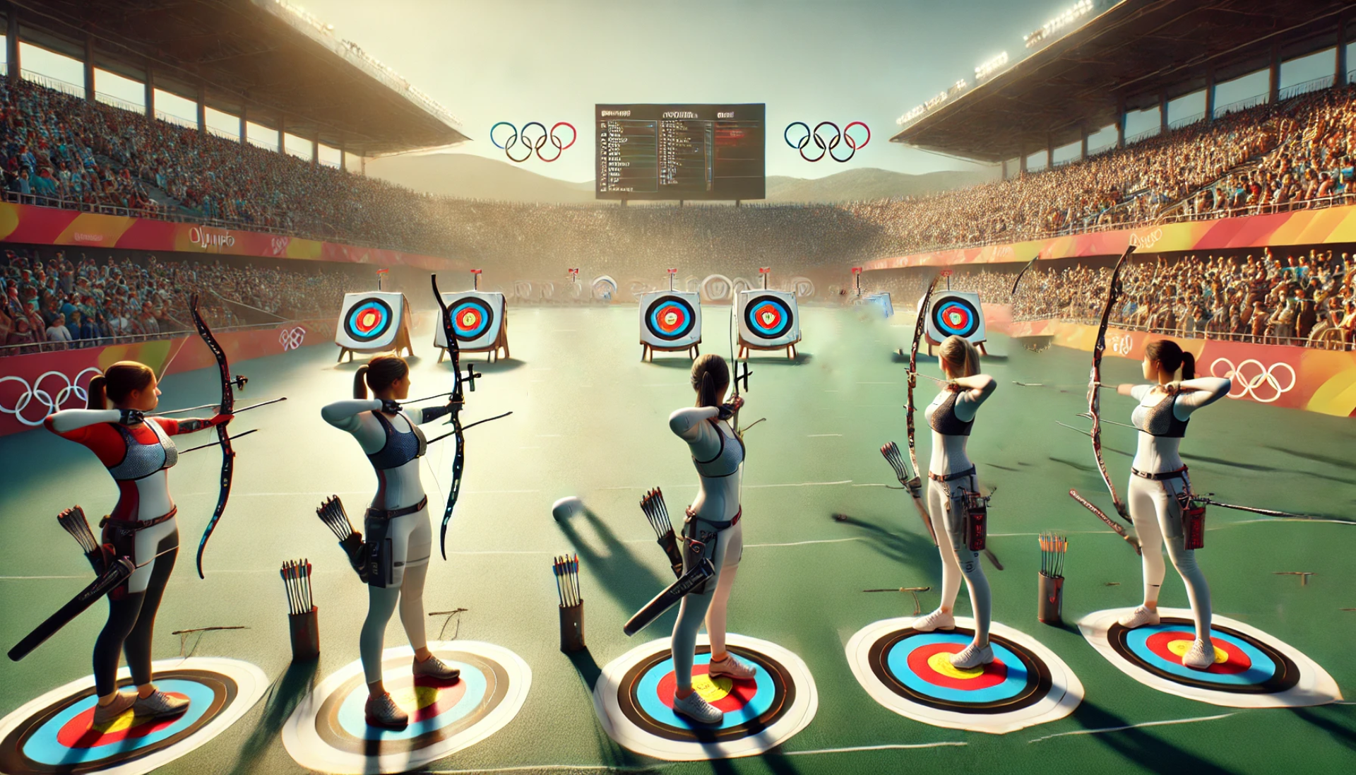 A group of women are playing archery in a stadium.