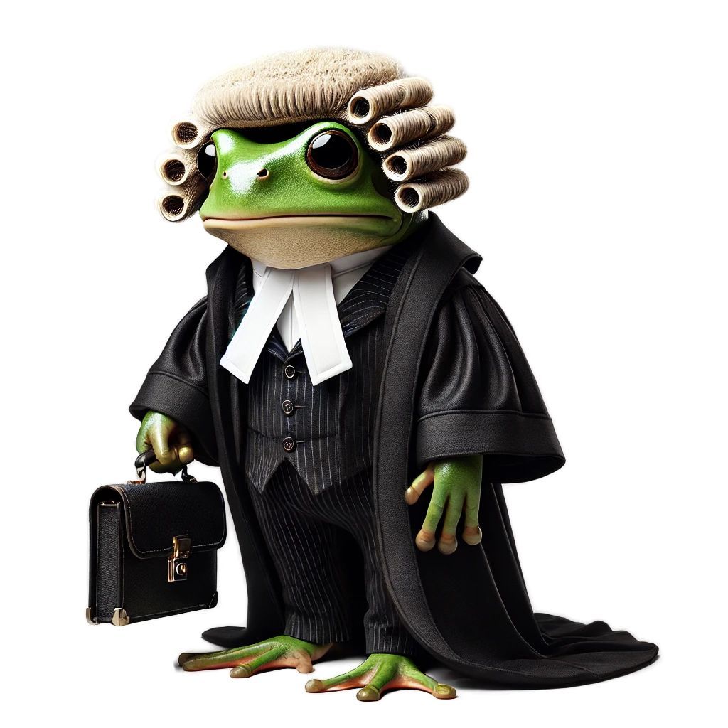 A frog dressed as a judge is holding a briefcase.