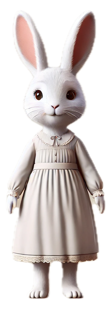A white rabbit is wearing a white dress and standing on a white background.