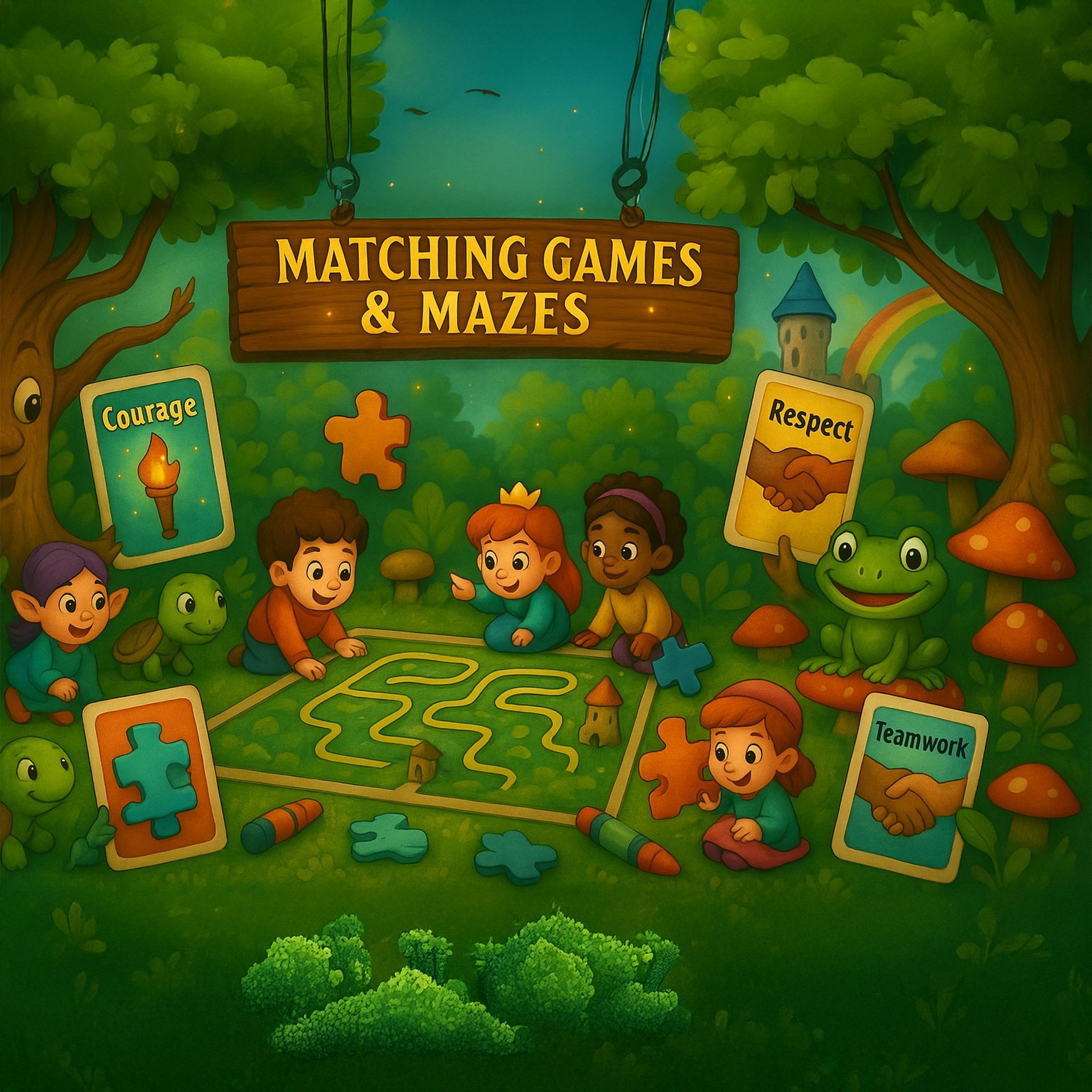 A group of children are playing matching games and mazes