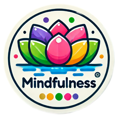 A logo for mindfulness with a colorful lotus flower in the water.