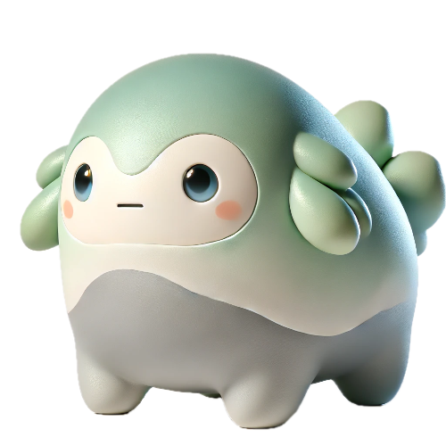 A green and white cartoon character with blue eyes