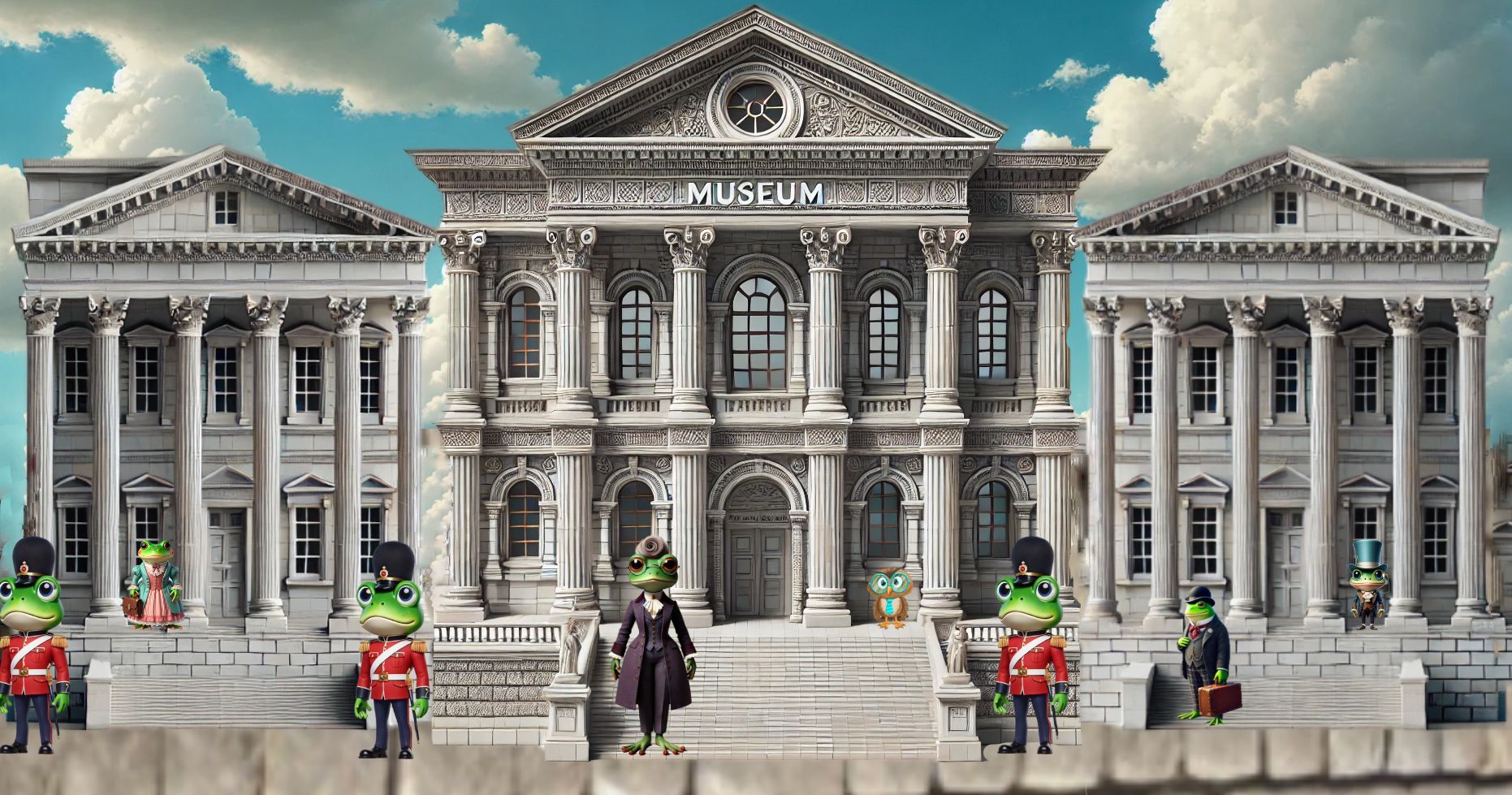 A group of frogs are standing in front of a large building.
