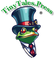 A logo for tiny tales press with a frog wearing a top hat