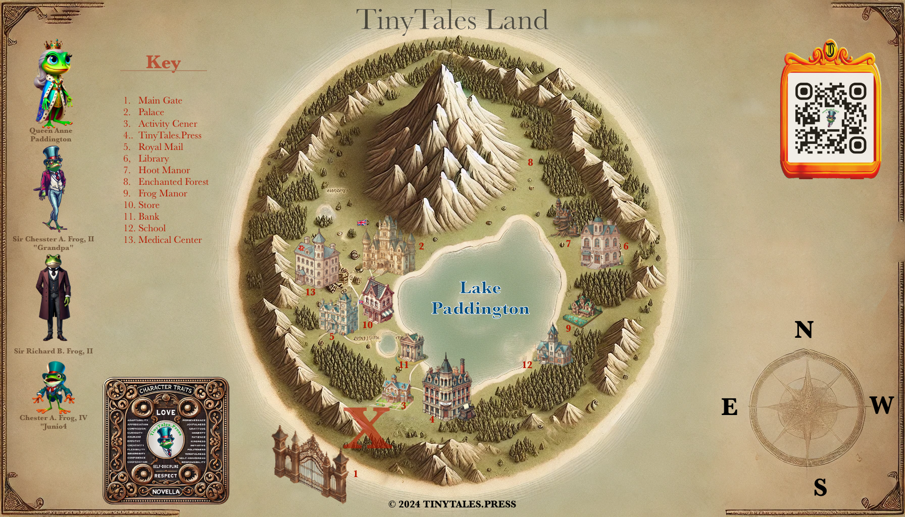 A map of tiny tales land with a mountain in the middle