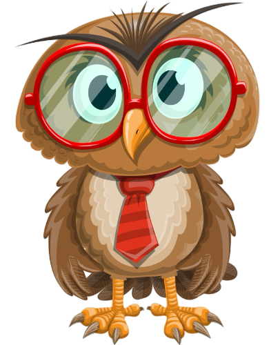 A cartoon owl wearing glasses and a red tie.