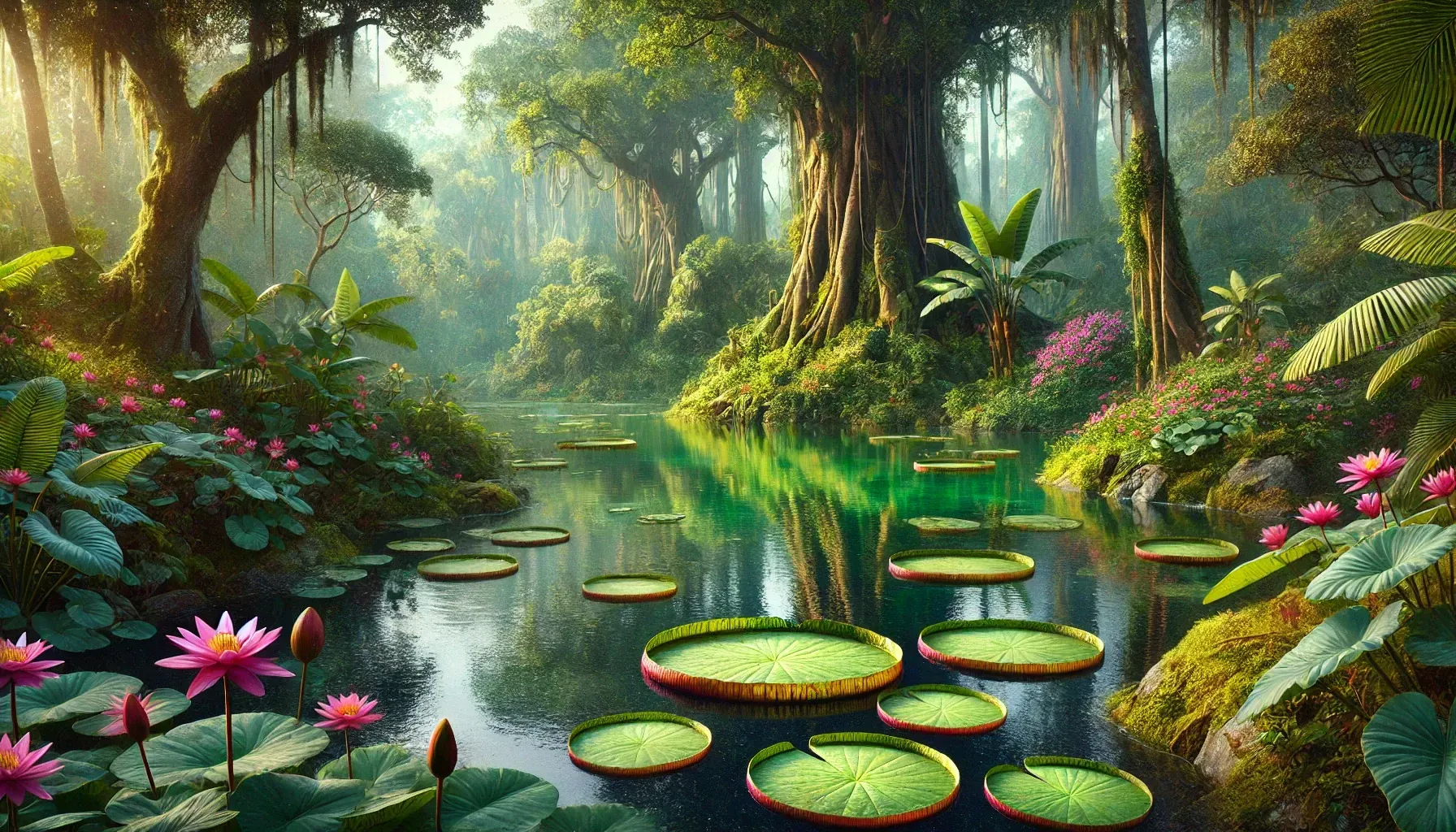 A river in the middle of a lush green forest surrounded by water lilies.