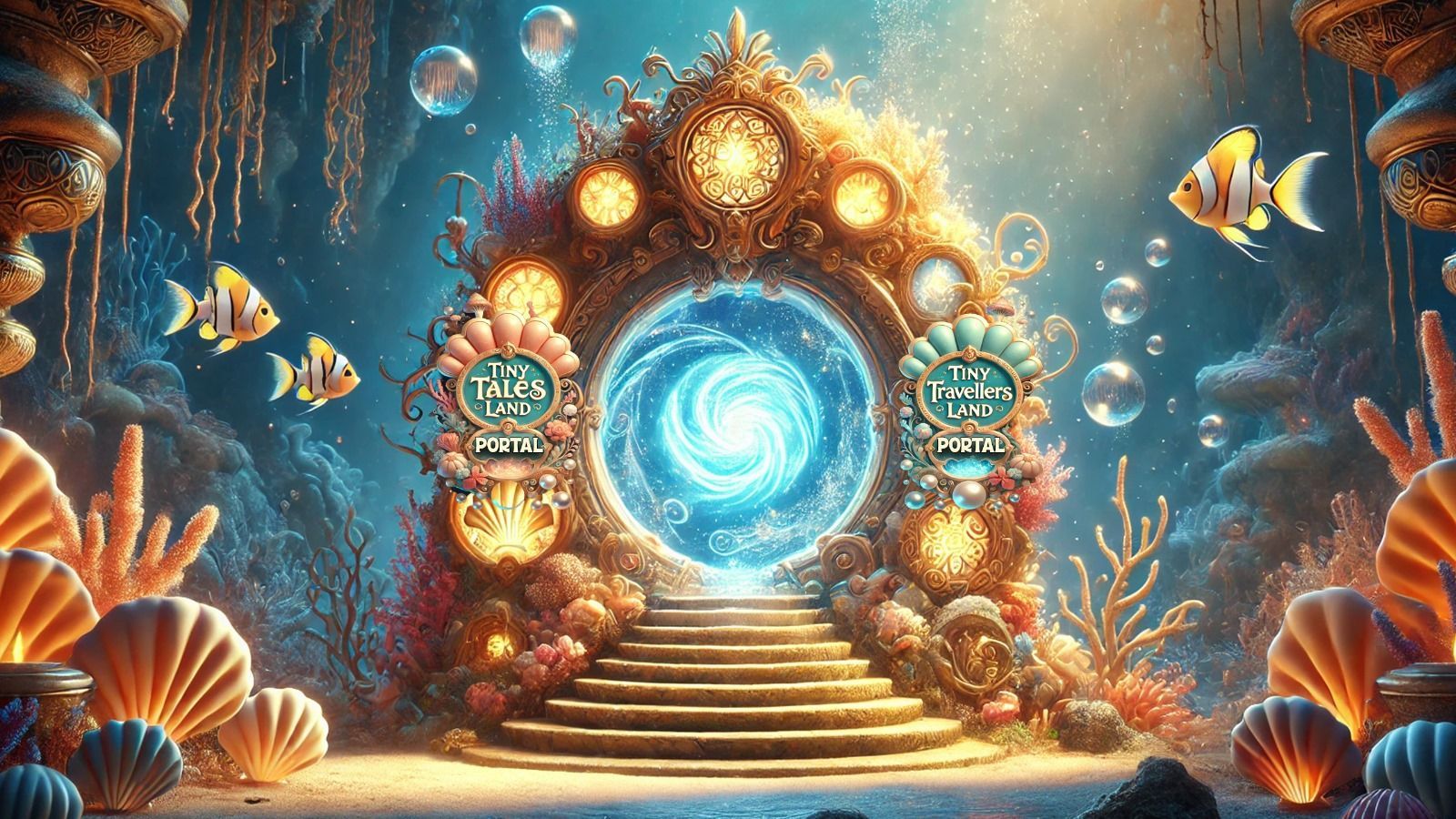 There is a portal in the middle of the ocean surrounded by corals and fish.