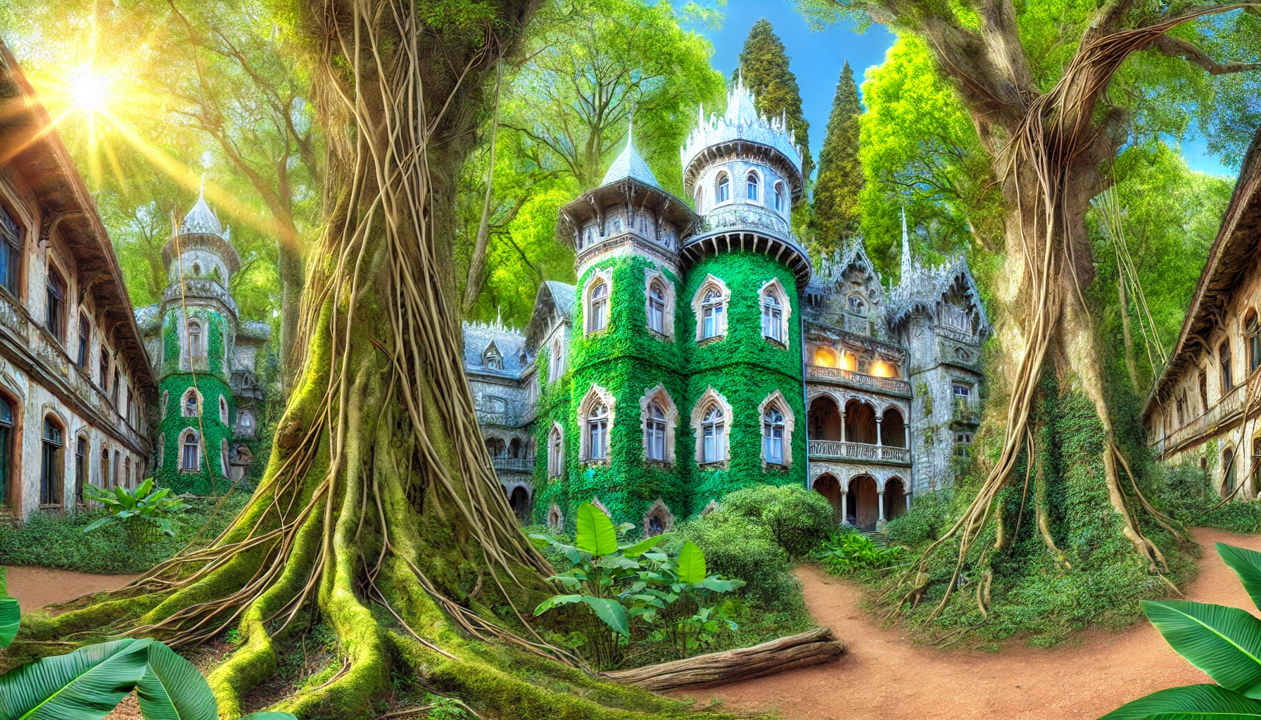 A green castle is surrounded by trees and buildings in the middle of a forest.