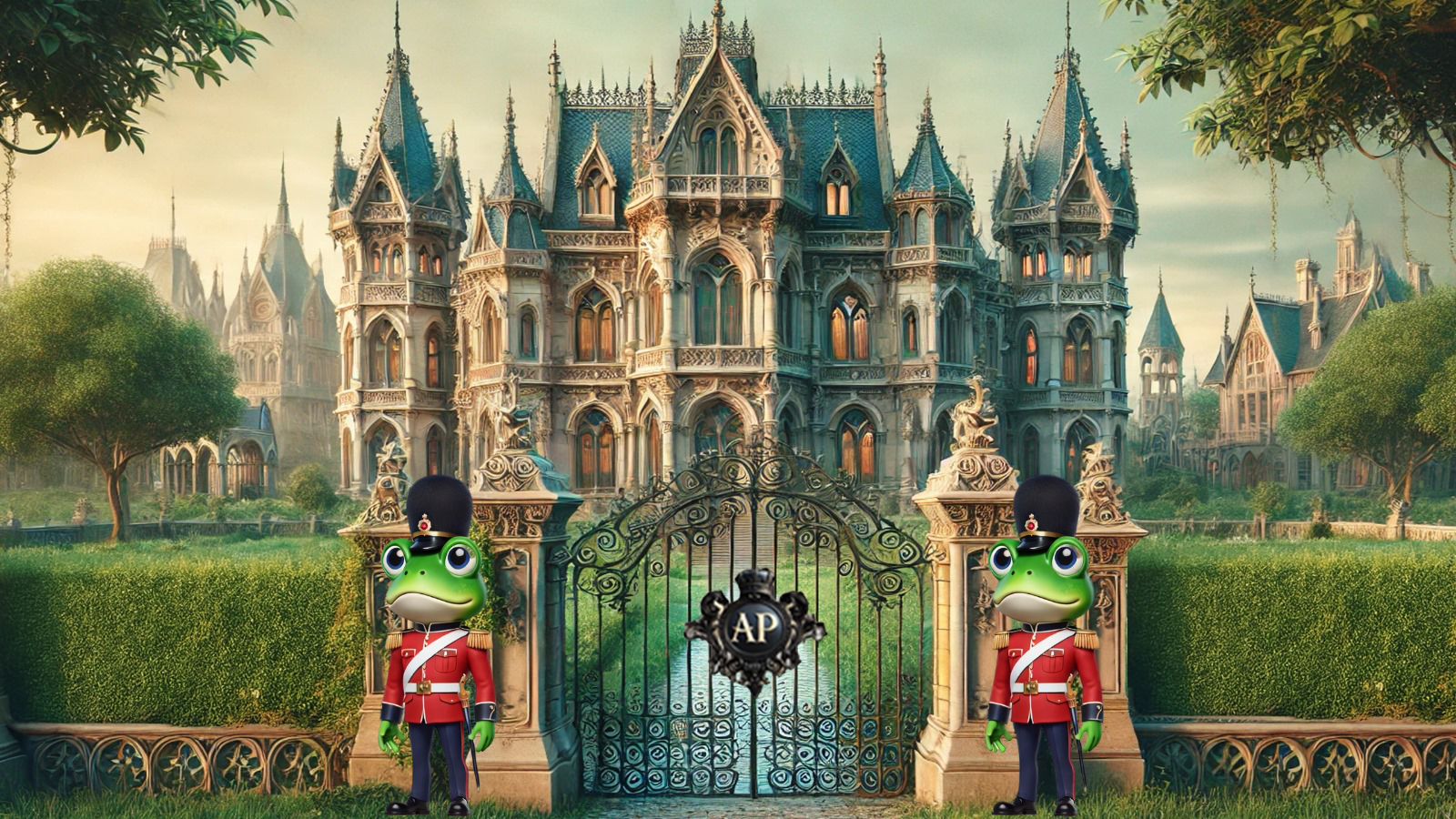 Two frogs are standing in front of a castle gate.