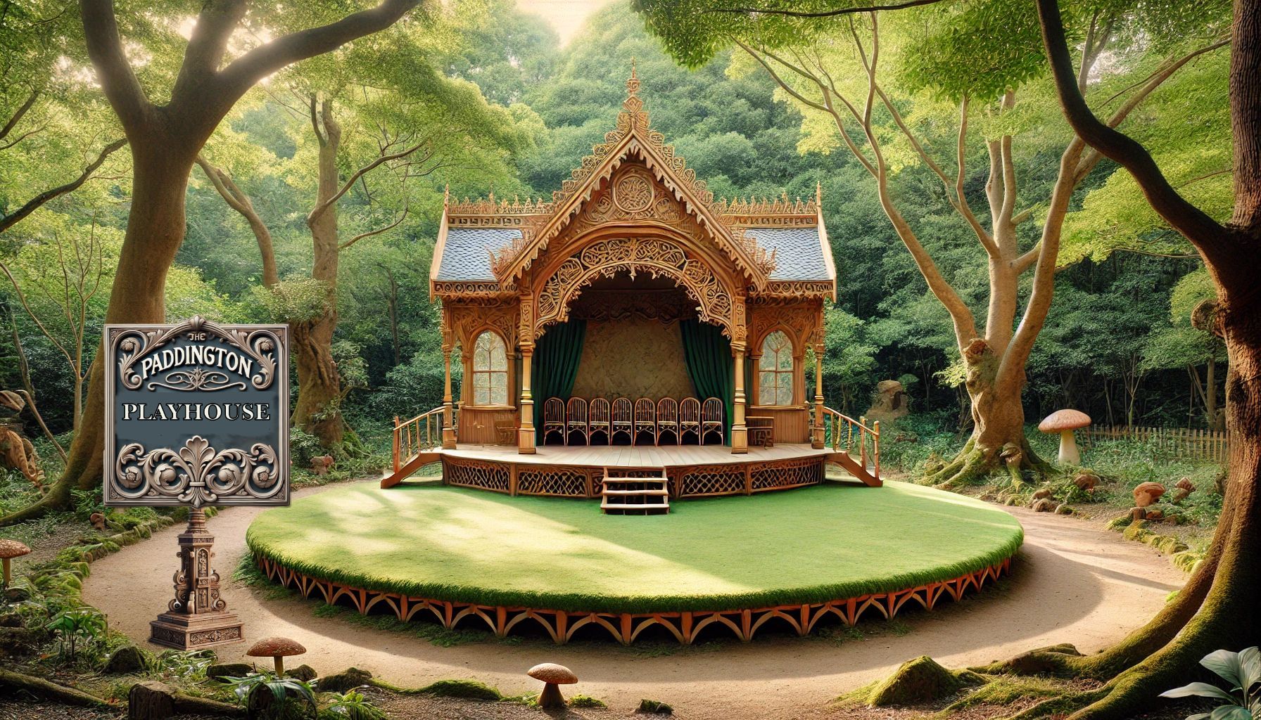 A wooden pavilion with a stage in the middle of a forest.