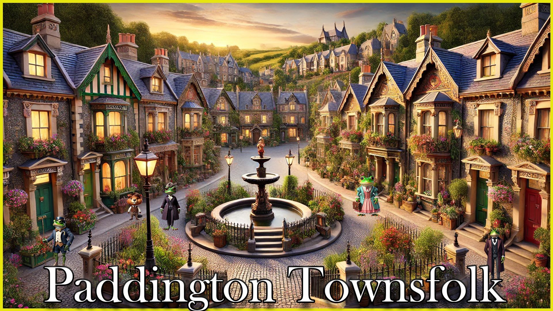 A picture of paddington townsfolk with a fountain in the middle.