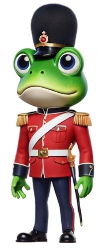 A frog is wearing a red uniform and a black hat.