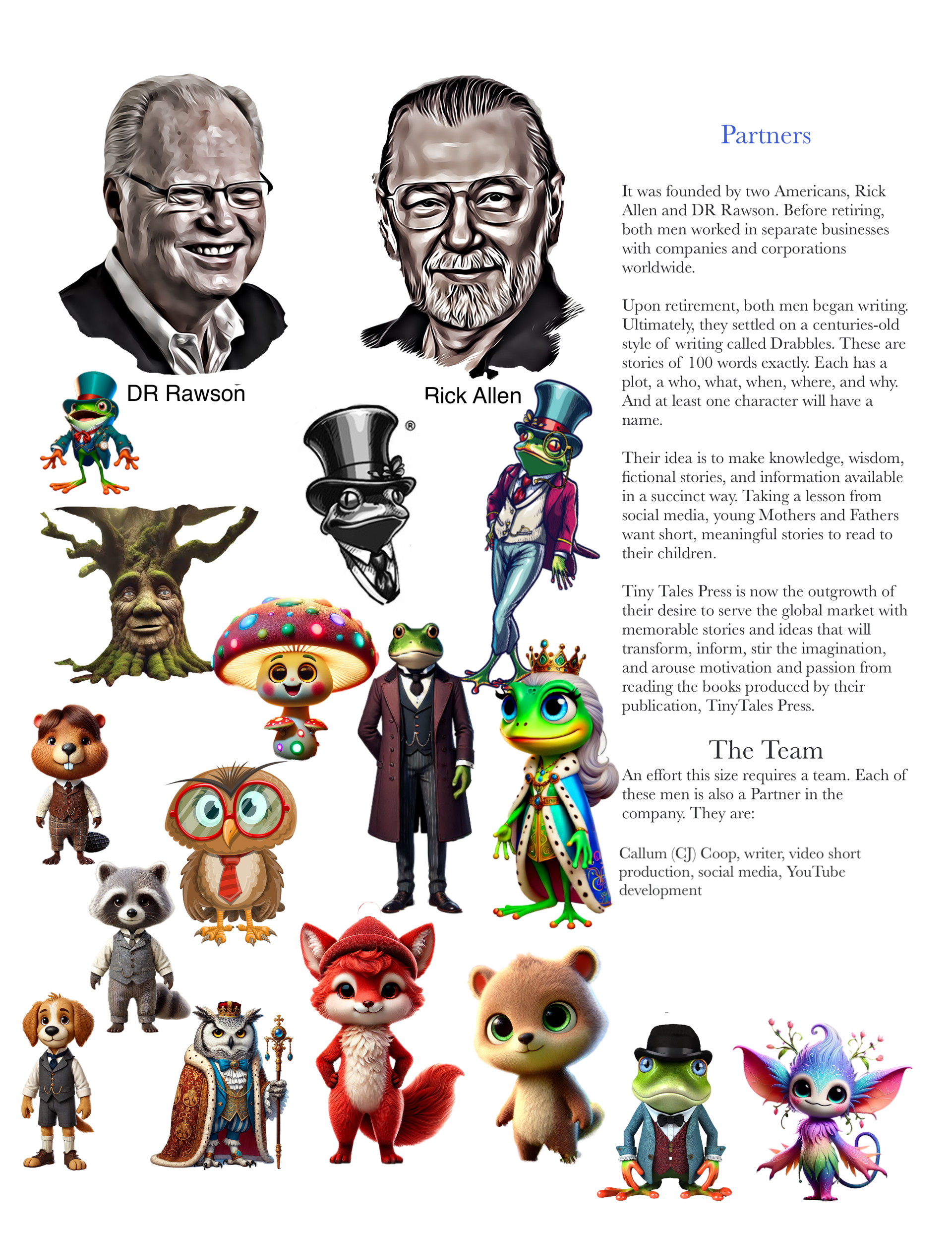 A group of cartoon characters are standing next to each other on a white background.