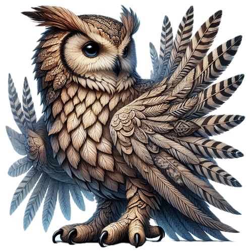 An owl with feathers on its wings is sitting on a white background.