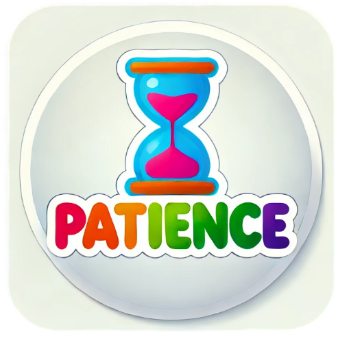 A sticker with an hourglass and the word patience on it