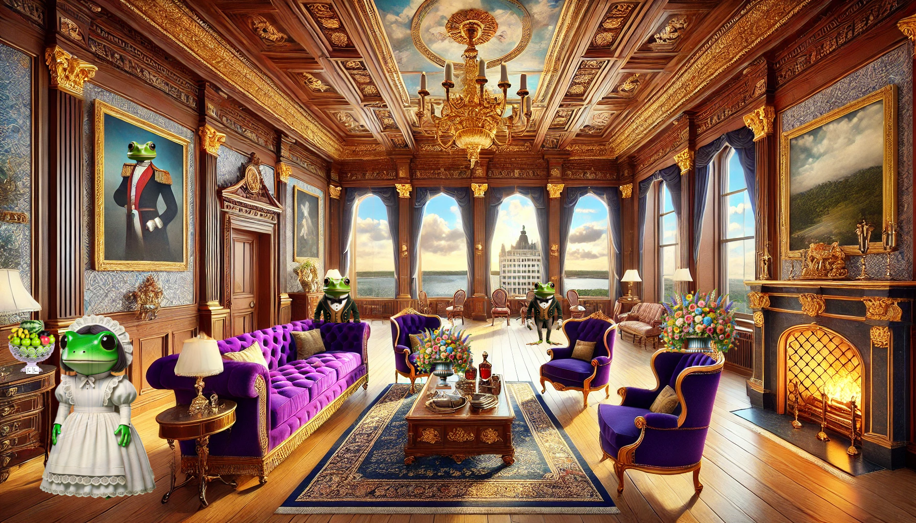 A living room filled with furniture and a frog statue.