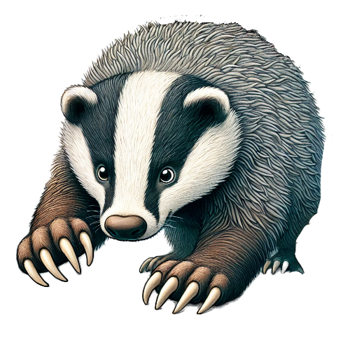 A badger with long claws is crawling on the ground on a white background.