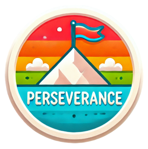 A sticker that says perseverance with a flag on top of a mountain