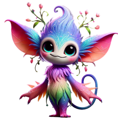A colorful fairy with a tail and wings is standing on a white background.