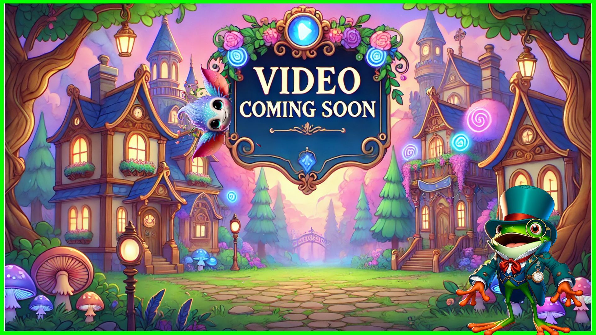 A frog in a top hat is standing in front of a video coming soon sign.