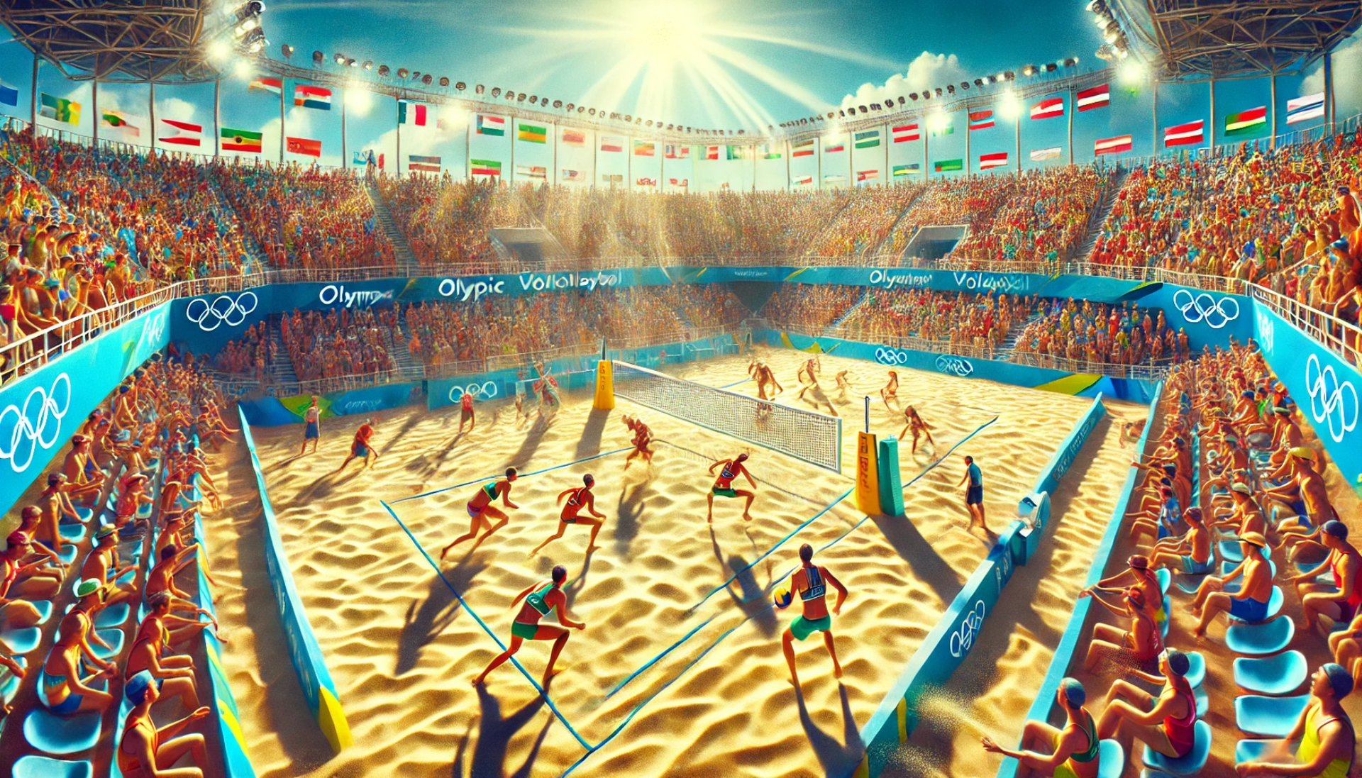 A group of people are playing beach volleyball in a stadium.