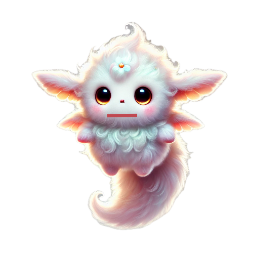 A white fluffy animal with big eyes and a flower on its head.