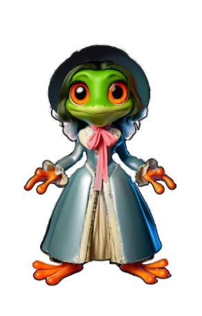 A frog wearing a dress and hat is standing on a white background.