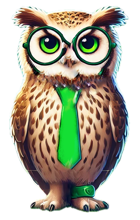An owl wearing glasses and a green tie