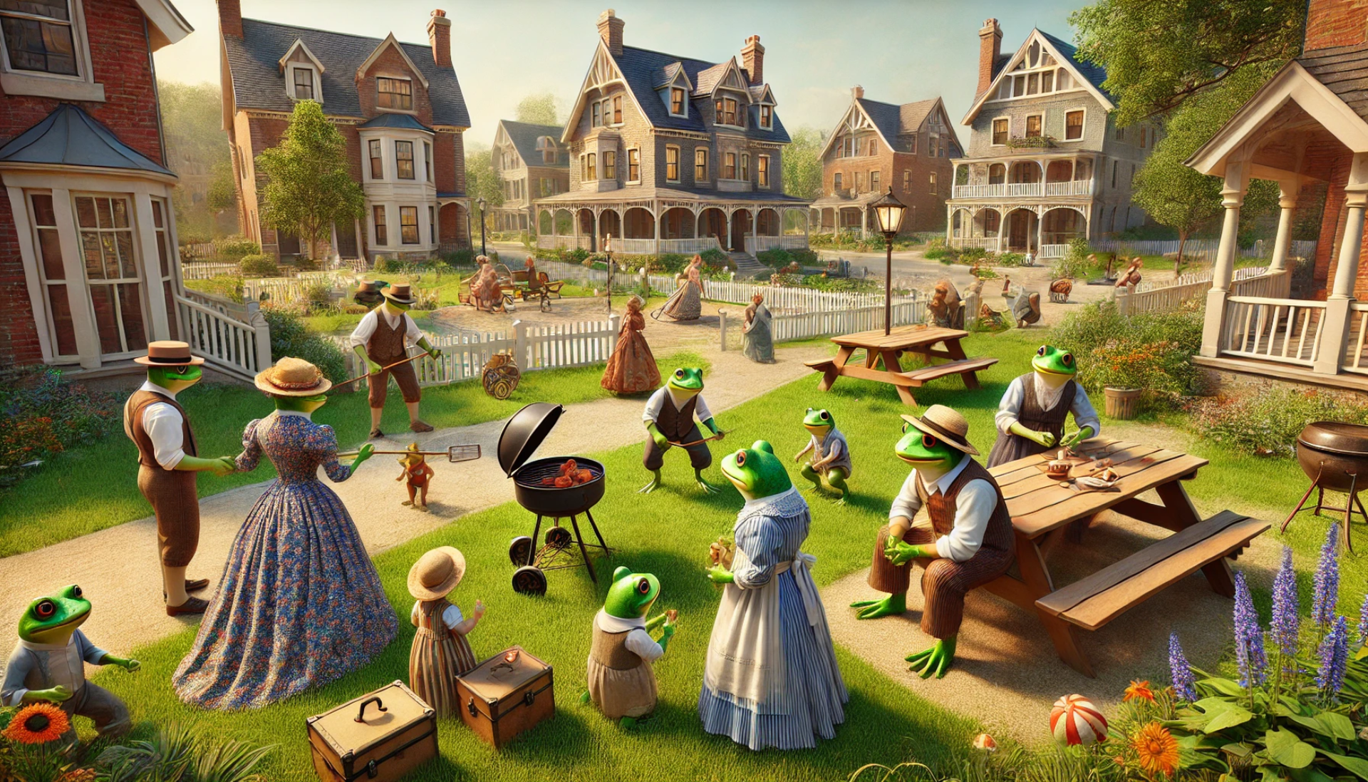 A group of frogs are having a picnic in a park.