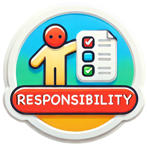 A sticker that says responsibility with a person holding a checklist.