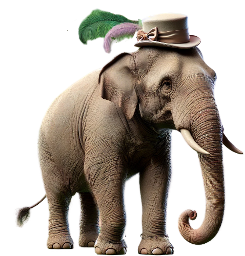 An elephant wearing a top hat with a feather on its ear
