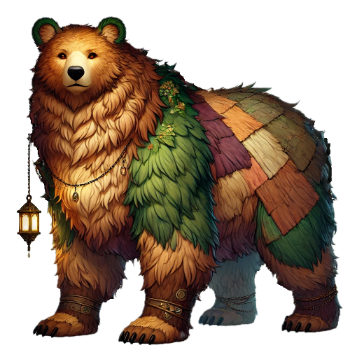 A bear with a lantern hanging from its neck